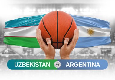 Özbekistan Arjantin milli basketbol takımlarına karşı basketbol topu yarışma kupası konsepti