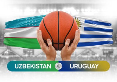 Özbekistan Uruguay milli basketbol takımlarına karşı basketbol topu yarışma kupası konsepti