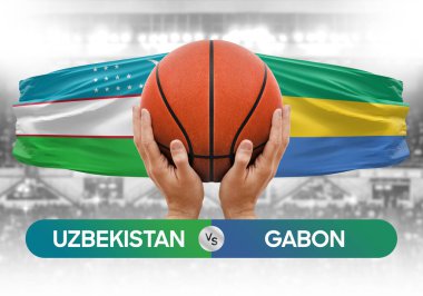 Özbekistan Gabon milli basketbol takımlarına karşı basketbol topu yarışma kupası konsepti