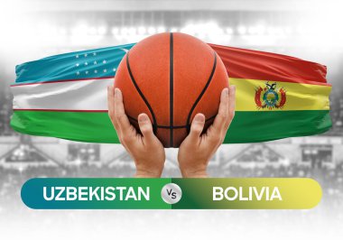 Özbekistan Bolivya 'ya karşı milli basketbol takımları basketbol topu yarışma kupası konsepti imajı