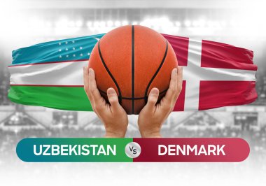 Özbekistan Danimarka milli basketbol takımlarına karşı basketbol topu yarışma kupası konsepti