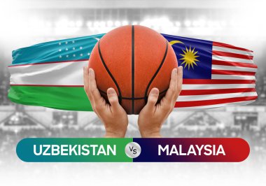 Özbekistan Malezya milli basketbol takımlarına karşı basketbol topu yarışma kupası konsepti