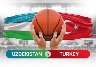 Özbekistan Türkiye milli basketbol takımlarına karşı basketbol topu yarışma kupası konsepti