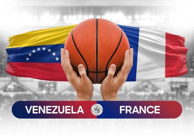 Venezuela Fransa milli basketbol takımlarına karşı basketbol topu yarışma kupası konsepti