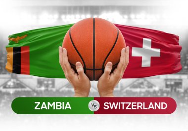 Zambiya İsviçre milli basketbol takımlarına karşı basketbol topu yarışma kupası konsepti