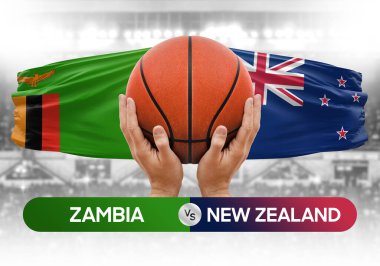 Zambiya, Yeni Zelanda milli basketbol takımlarına karşı basketbol topu yarışma kupası konsepti