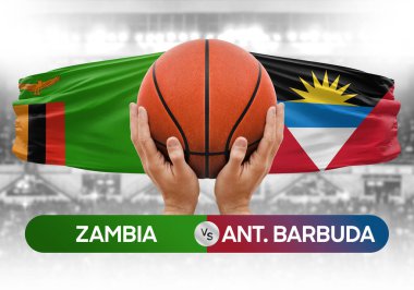 Zambiya, Antigua ve Barbuda milli basketbol takımlarına karşı basketbol topu yarışma kupası konsepti