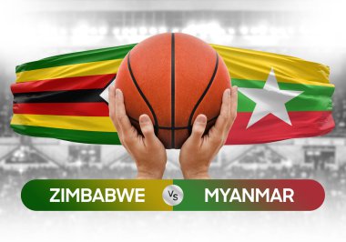 Zimbabwe, Myanmar Millî Basketbol Takımı 'na karşı. Basketbol maçı kupası konsepti.