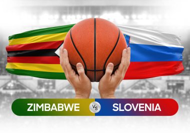 Zimbabwe Slovenya milli basketbol takımlarına karşı basketbol topu yarışma kupası konsepti imajı