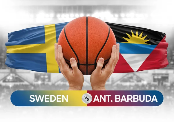 İsveç, Antigua ve Barbuda milli basketbol takımlarına karşı basketbol topu yarışma kupası konsepti