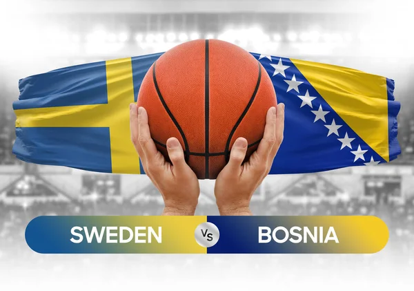 İsveç, Bosna-Hersek milli basketbol takımlarına karşı basketbol topu yarışma kupası konsepti