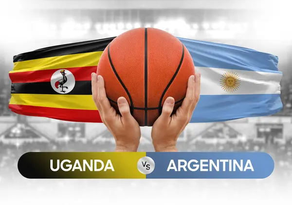 Uganda Arjantin milli basketbol takımlarına karşı basketbol topu yarışma kupası konsepti