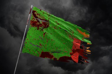 Zambia torn flag on dark sky background with blood stains. clipart