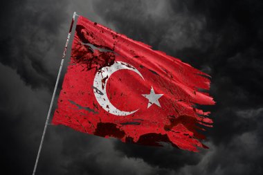 Koyu gökyüzü arka planında kan lekeleriyle Türkiye bayrağını yırttı.