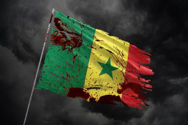 Koyu gökyüzü arka planında yırtık Senegal bayrağı ve kan lekeleri.