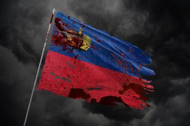 Liechtenstein torn flag on dark sky background with blood stains. clipart