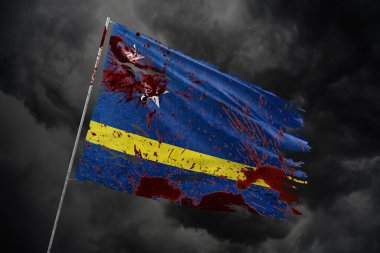 Curacao torn flag on dark sky background with blood stains. clipart