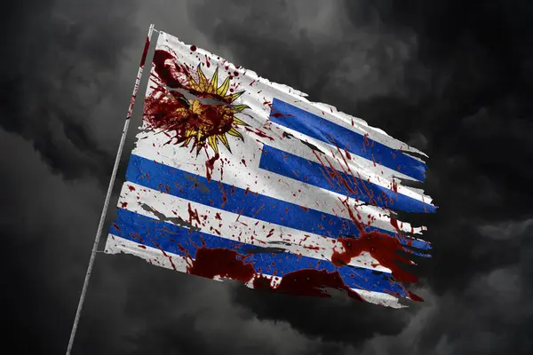 Uruguay Rasgó Bandera Sobre Fondo Cielo Oscuro Con Manchas Sangre Imagen de archivo
