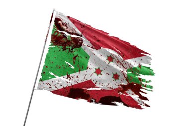 Kan lekeleriyle şeffaf arkaplanda Burundi 'nin yırtık bayrağı.