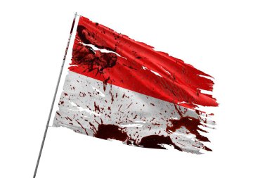 Endonezya kan lekeleriyle saydam arkaplanda yırtık bir bayrak.