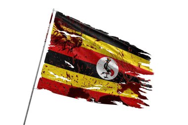 Kan lekeleriyle saydam arkaplanda Uganda bayrağı yırtıldı.