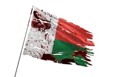 Madagaskar kan lekeleriyle şeffaf arka planda yırtık bayrak.