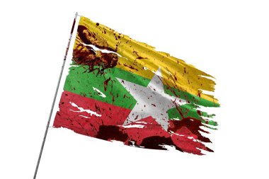 Kan lekeleriyle saydam arkaplanda Myanmar 'ın yırtık bayrağı.