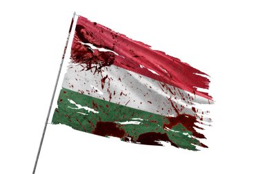 Kan lekeleriyle saydam arkaplanda Macaristan bayrağı yırtıldı.