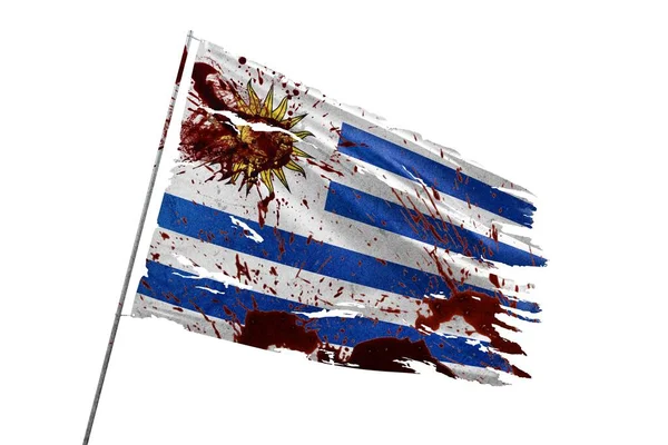 ウルグアイは血液汚れで透明な背景に旗を引き裂きました ストックフォト