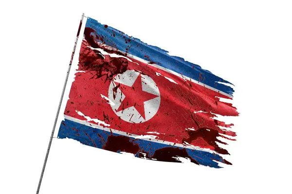 北朝鮮は血液汚れで透明な背景に旗を破った ストック写真