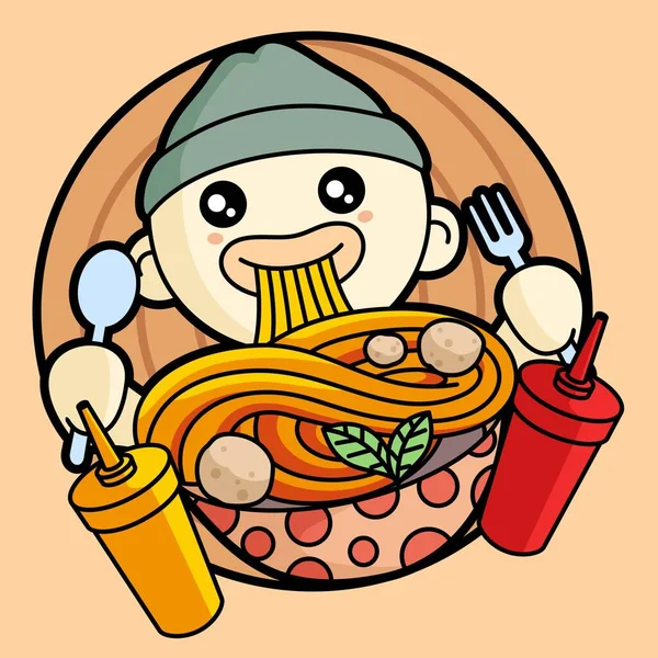 Mascot Logo Vector Illustration Man Eating Noodles Image Large Enough — Stock Vector