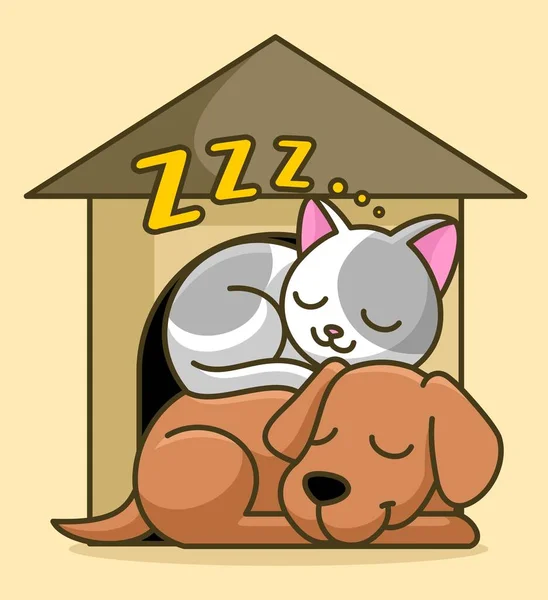 Niedliche Katze Und Hund Schlafen Vor Dem Käfig Dieses Bild — Stockvektor