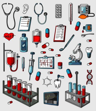 Sağlık araçlarının vektör illüstrasyonu, bu resim oldukça büyüktür ve tekrar düzenlenebilir. Bu resim tişörtler, posterler, kitaplar ve diğerleri üzerinde bir illüstrasyon olarak kullanılabilir.