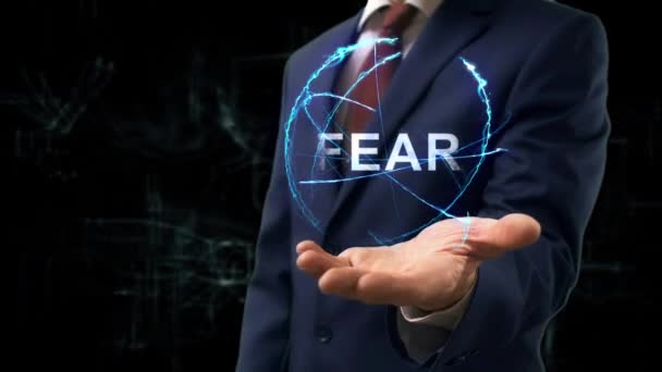 Podnikatel Ukazuje Své Ruce Hologram Strach Muž Obleku Budoucí Technologií — Stock video