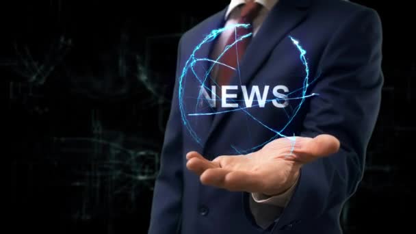Businessman Shows Concept Hologram News His Hand Man Business Suit — Stock Video