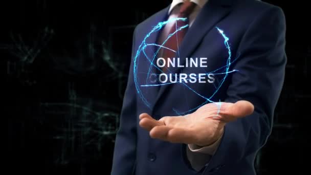 Businessman Menunjukkan Konsep Hologram Online Courses Tangannya Pria Dalam Setelan — Stok Video