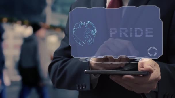 Unrecognizable Businessman Uses Hologram Smartphone Pride Man Jacket Holographic Screen — Stock Video