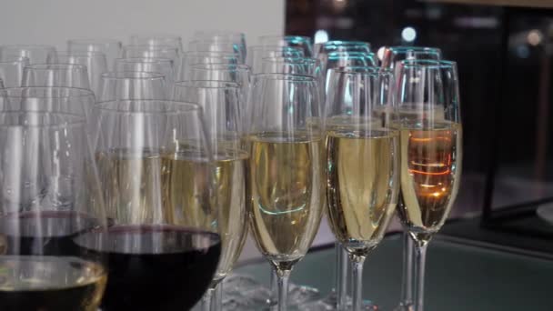 Wiersze Kieliszków Szampanem Białym Czerwonym Winem Koncepcja Cateringu Imprezy Alkoholowej — Wideo stockowe