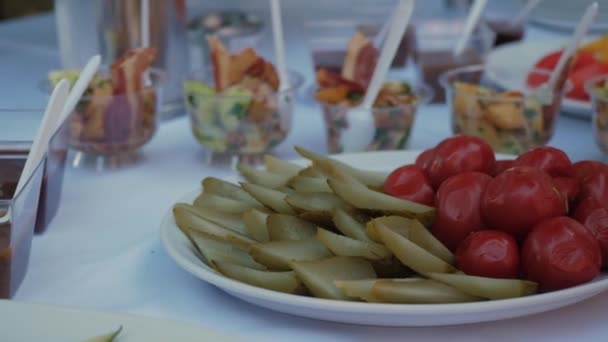 Pickled Cucumbers Tomatoes Plate Table Appetizers — Stock Video