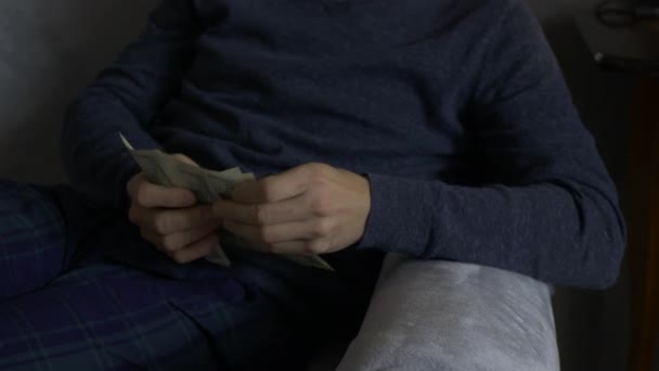 男人坐在沙发上数美元钞票 男性的手把钱算作现金 然后堆积起来 钱的计算现金支付成功的商业概念 以100美元包装的美国货币 — 图库视频影像