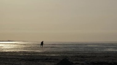 Tanınmayan insanlar alçak gelgitte sahil boyunca yürürler. Gün batımında geniş kumlu bir sahil. Sahilde yürüyen bir çift insan.