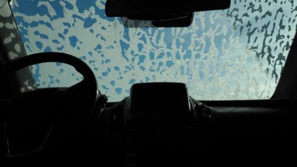 Foam Flows Windshield Time Lapse Self Service Car Wash View — Stock Video