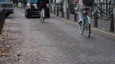 Bisikletçiler, her ikisi de güzel ve canlı sonbahar yapraklarıyla çevrili bir arabayla büyüleyici bir kaldırım taşı yolu paylaşıyorlar.