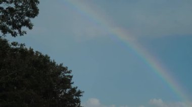 Şaşırtıcı derecede güzel gökkuşağı engin gökyüzü boyunca zarif kemerler, verimli, yemyeşil ağaçlar tarafından mükemmel çerçevelenmiş, sakin ve güzel bir manzara yaratıyor, ardından hafif, hafif bir yağmur.