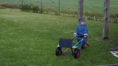 Parlak mavi giyinmiş küçük çocuk yemyeşil çimenlerin arasından el arabasını çeker, açık hava eğlencesi ve çocukluk maceralarının masumiyetini gösterir.