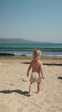 Kaygısız çocuğun dikey videosu mutlu bir şekilde kıyı şeridini keşfediyor. Yavru deniz kenarında yürüyor, doğanın çarpıcı güzelliği arasında saf çocukluk masumiyetini yakalıyor, güzel sıcak bir günde.