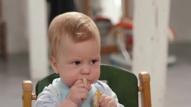 Sevimli küçük bebek ekmek parçaları tutuyor ve çiğniyor, bebek yiyor. Bu video yemek ve bebekle ilgili konular için mükemmel, masumiyet yayıyor.