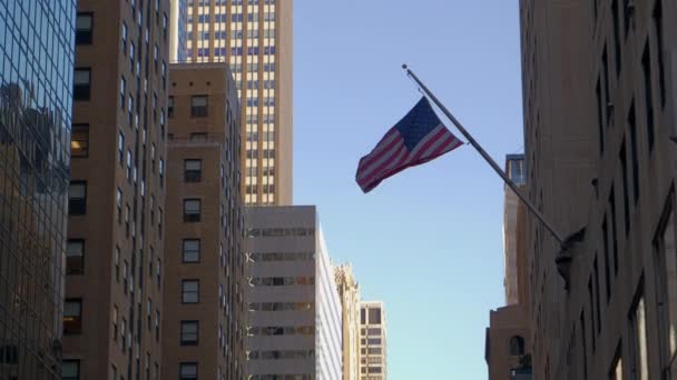 Ciudad Nueva York Vista Bandera Americana Asta Bandera Pared Del — Vídeos de Stock