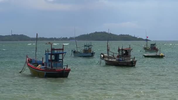 Barche Pesca Ancorate Nella Baia Sul Fondale Una Costa Verde — Video Stock