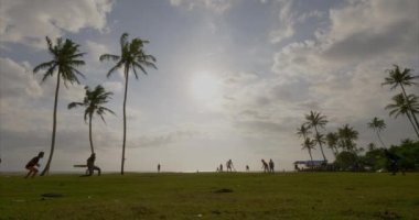 Lapta oyuncuları, oyun sahasının kenarında uzun ve güzel palmiye ağaçları olan yeşil alanda beyaz bulutlu parlak güneşli gökyüzünün arka planına karşı coşkuyla oynuyorlar. Gençlik sporları eğlence konsepti.